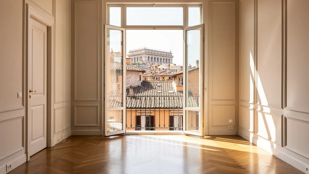 Interno appartamento romano luminoso con finestre su Roma, valutazione immobiliare