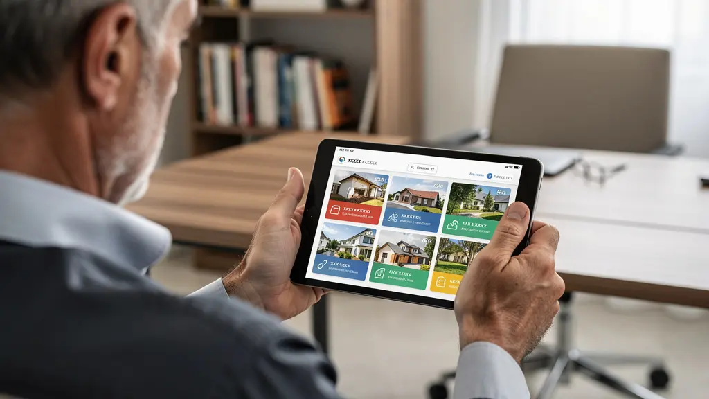 Persona che consulta strumento valutazione immobiliare su tablet, mercato Roma